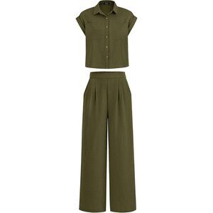 Women's 2 Piece Summer Set Polyester Cap Sleeve Top Palazzo Pants Casual